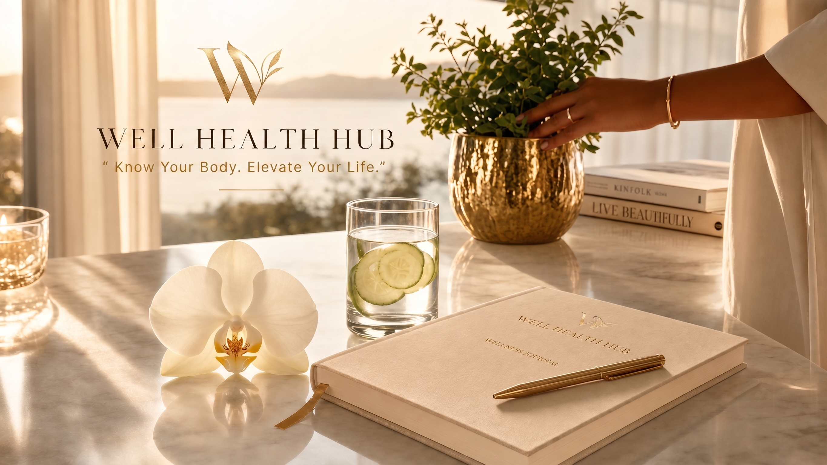 Well Health Hub journal and wellness ritual in a sunlit ivory and gold setting