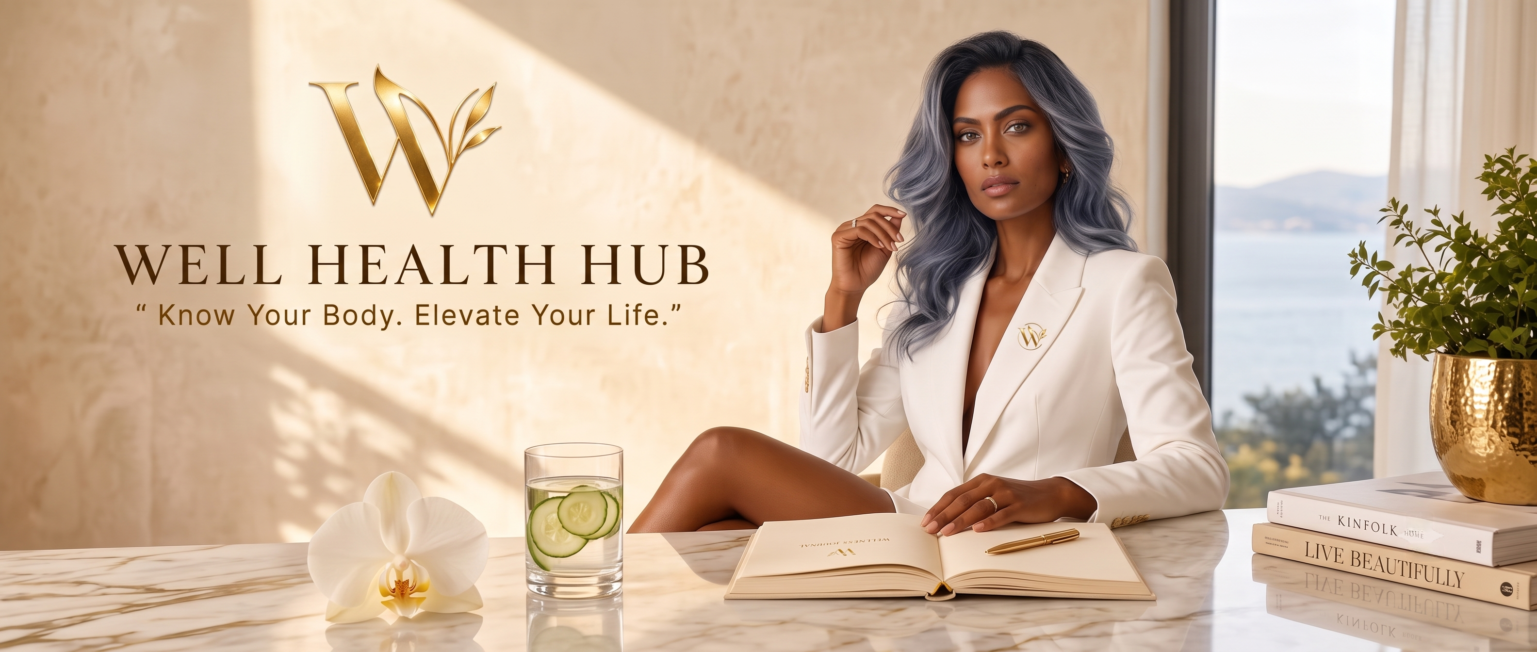 Well Health Hub wellness guide in a refined sunlit workspace